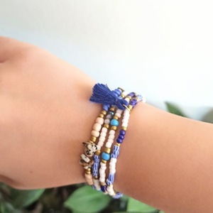 Cyclades |Blue, White|Beaded Bracelets with Tassel| Multi Colors | Medium Size - ημιπολύτιμες πέτρες, χάντρες, σταθερά, χεριού - 3