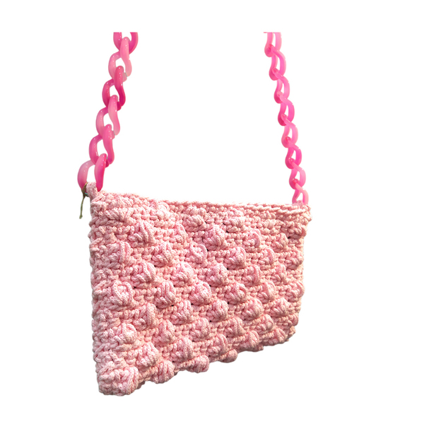 πλεκτή ροζ τσάντα ώμου με κοκάλινη αλυσίδα (27*17εκ) - νήμα, ώμου, all day, πλεκτές τσάντες, μικρές - 2
