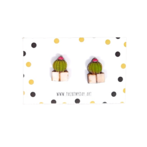 Stud earrings ""Mini Cactus"!!! - ξύλο, ζωγραφισμένα στο χέρι, καρφωτά, μικρά, καρφάκι - 3