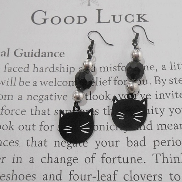 Σκουλαρίκια με μεταλλικά στοιχεία και χάντρες Black cat Earrings Cute cat - γάτα, χάντρες, ατσάλι, κρεμαστά, γάντζος - 2