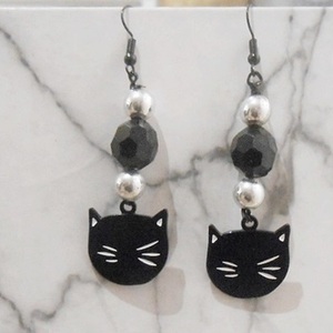 Σκουλαρίκια με μεταλλικά στοιχεία και χάντρες Black cat Earrings Cute cat - γάτα, χάντρες, ατσάλι, κρεμαστά, γάντζος - 3