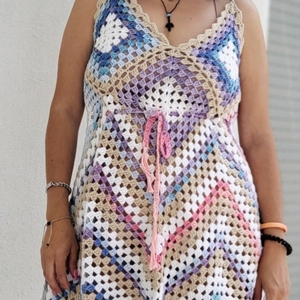 Dress crochet handmade granny square - βαμβάκι, φλοράλ, γάμου - βάπτισης