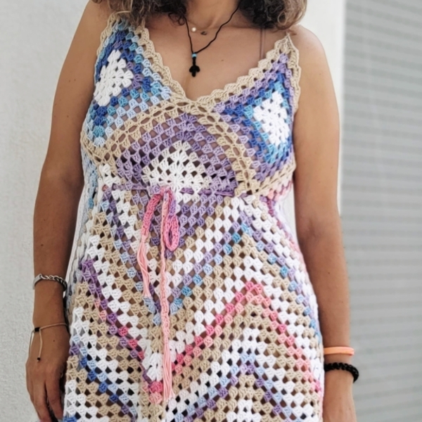 Dress crochet handmade granny square - βαμβάκι, φλοράλ, γάμου - βάπτισης - 2