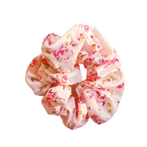 Σετ 2 χειροποίητα scrunchies - λαστιχάκια - αξεσουάρ μαλλιών "polkadot - pink floral" - ύφασμα, πουά, λαστιχάκια μαλλιών - 3