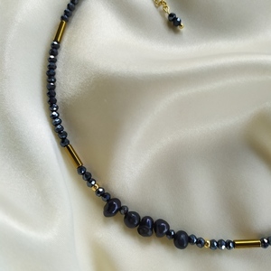 Blue-Black Pearls| κολιέ-τσόκερ με μαργαριτάρια - μαργαριτάρι, επιχρυσωμένα, τσόκερ, ατσάλι - 3