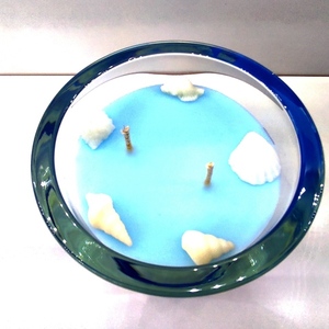 Χειροποίητο αρωματικό κερί 700γρμ με άρωμα βανίλια τρίχρωμο μπλέ, άσπρο, θαλασσί 13εκ Χ13εκ σε γυάλινο βάζο - αρωματικά κεριά - 3