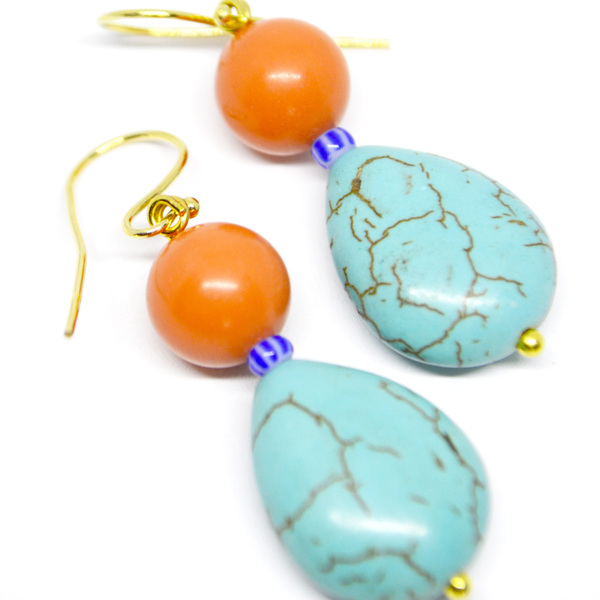 Διπλά σκουλαρίκια με πορτοκαλί πάστα κοράλλι και δάκρυ τιρκουάζ χαολίτη - ημιπολύτιμες πέτρες, ασήμι 925, μικρά, boho, κρεμαστά - 2