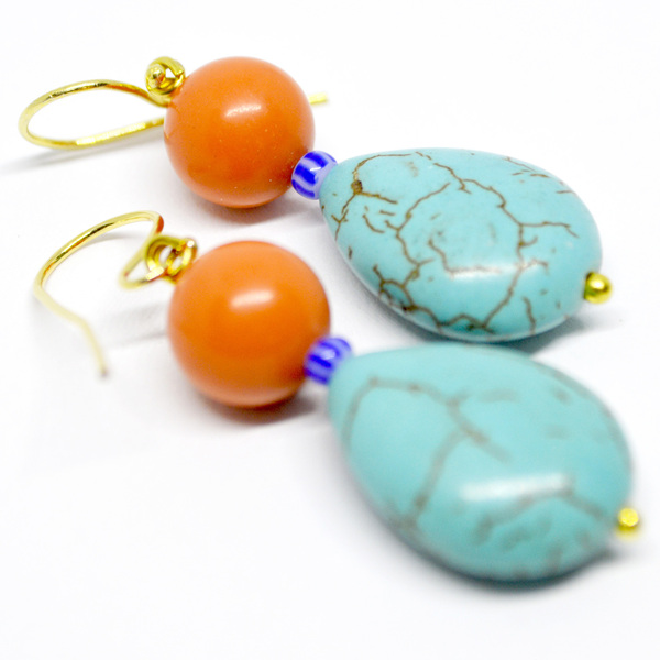 Διπλά σκουλαρίκια με πορτοκαλί πάστα κοράλλι και δάκρυ τιρκουάζ χαολίτη - ημιπολύτιμες πέτρες, ασήμι 925, μικρά, boho, κρεμαστά