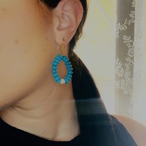 Turquoise earrings - ημιπολύτιμες πέτρες, μαργαριτάρι, boho, μεγάλα, γάντζος - 5