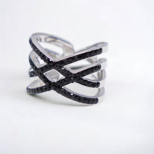 Ατσάλινο Δαχτυλίδι JOAN σε ασημί χρώμα με μαύρα Ζιρκγόν ,αυξομειούμενο μέγεθος-Αντίγραφο - γεωμετρικά σχέδια, ατσάλι, αυξομειούμενα, φθηνά