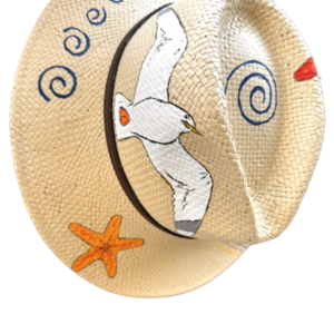 Καπέλο ζωγραφισμένο χειροποίητο Handpainted seabird κοχύλι - ψάθινα