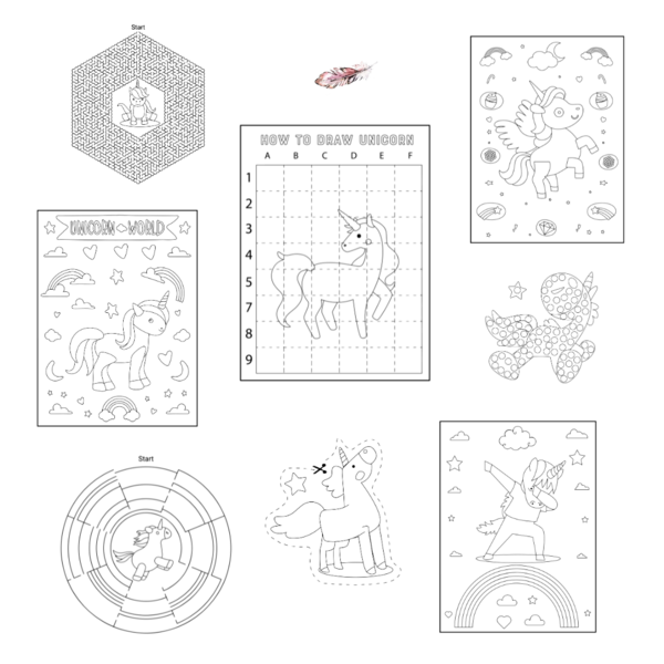 Βιβλίο Δραστηριοτήτων ♥ Σελίδες Ζωγραφικής με Θέμα τον Μονόκερο Unicorn Εκτυπώσιμο Αρχείο Pdf Digital The Pink Feather - παιχνίδια, μονόκερος, σχέδια ζωγραφικής, φύλλα εργασίας - 2