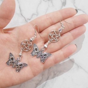 Σκουλαρίκια με charms, χάντρες και μεταλλικά στοιχεία Skull Butterfly Pentagram earrings - πεταλούδα, χάντρες, ατσάλι, μεταλλικά στοιχεία, κρεμαστά - 5