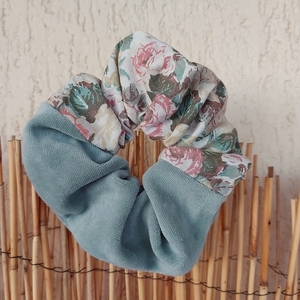 Λαστιχάκι/scrunchie vintage floral διπλό φυστικί - ύφασμα, vintage, λουλούδια, χειροποίητα, λαστιχάκια μαλλιών - 3