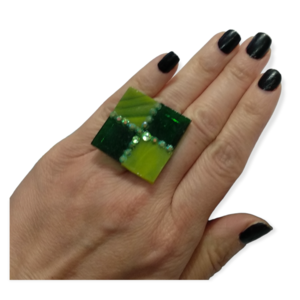Χειροποίητο γυναικείο δαχτυλίδι με ψηφίδες γυαλιού, από κράμα μετάλλων -RIN30 - γυαλί, γεωμετρικά σχέδια, μεγάλα, αυξομειούμενα - 2