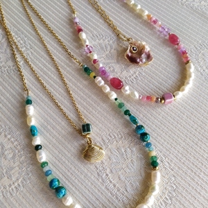 SUMMER COLLECTION|TURQUOISE & FOUXIA necklace| Κολιέ από μαργαριτάρια, ημιπολύτιμες χάντρες και κεραμικά κυβάκια - ημιπολύτιμες πέτρες, μαργαριτάρι, επιχρυσωμένα, ατσάλι, layering - 2