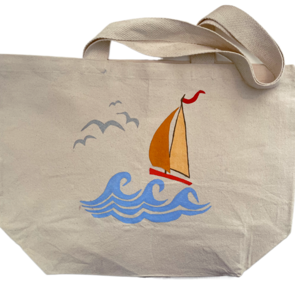 Canvas Tote Bag ζωγραφισμένη στο χέρι - Boat in waves - ύφασμα, ώμου, all day, tote, πάνινες τσάντες
