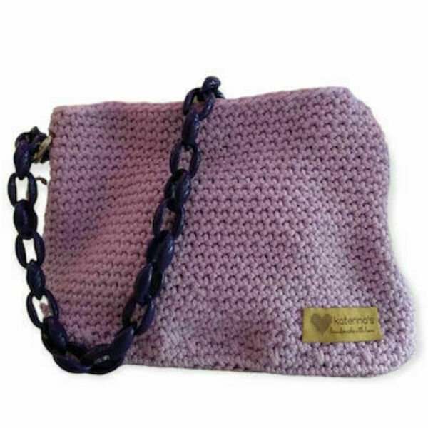 Χειροποίητη πλεκτή γυναικεία καθημερινή τσάντα μωβ -KA276 - δέρμα, νήμα, ώμου, πλεκτές τσάντες