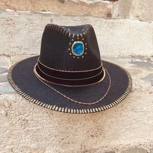 Καπέλο Παναμα μαύρο- Goldy chain - απαραίτητα καλοκαιρινά αξεσουάρ, ψάθινα - 2