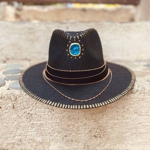 Καπέλο Παναμα μαύρο- Goldy chain - απαραίτητα καλοκαιρινά αξεσουάρ, ψάθινα - 4