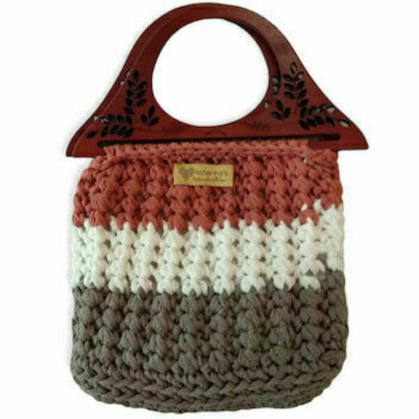Χειροποίητη πλεκτή γυναικεία καθημερινή τσάντα καφέ μπεζ -KA278 - ξύλο, νήμα, χειρός, πλεκτές τσάντες, μικρές