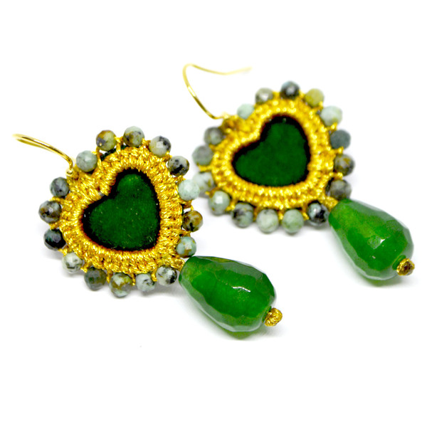 Σκουλαρίκια πράσινη βελούδινη καρδιά κεντημένη με αφρικανικό τιρκουάζ και δάκρυ αχάτη - ημιπολύτιμες πέτρες, ασήμι 925, καρδιά, boho, κρεμαστά