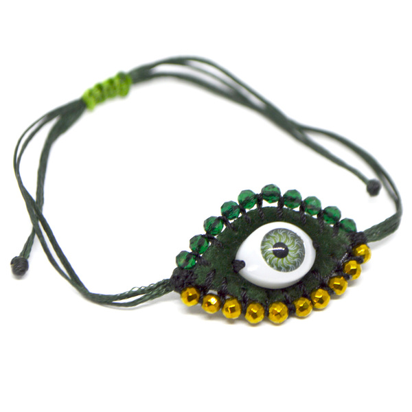 Βραχιόλι κεντητό evil eye πράσινο με ημιπολύτιμες πέτρες - ημιπολύτιμες πέτρες, μακραμέ, μάτι, boho, αυξομειούμενα