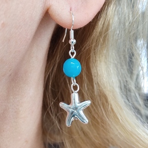 Σκουλαρίκια αστερίες με μπλε χάντρα νεφρίτη - επάργυρα, αστερίας, κρεμαστά, zamak, φθηνά - 2