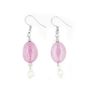 Σκουλαρίκια με ροζ χαλαζία και πέρλα, ασημένιος γάντζος 925. Μήκος 5,3 εκ. - ημιπολύτιμες πέτρες, ασήμι 925, κρεμαστά, πέρλες, γάντζος