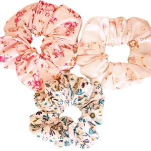 Σετ 3 χειροποίητα scrunchies - λαστιχάκια - αξεσουάρ μαλλιών "floral - bunny" - ύφασμα, λουλούδια, λαστιχάκια μαλλιών