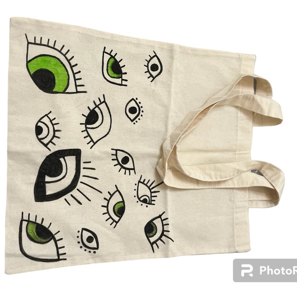 Τσάντα ζωγραφιστη με ματακια - ύφασμα, all day, χειρός, πάνινες τσάντες