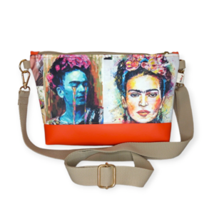 Τσάντα χιαστί Frida Kahlo με πορτοκαλί δερματίνη 30*20*6cm - ύφασμα, χιαστί, all day, frida kahlo