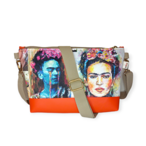 Τσάντα χιαστί Frida Kahlo με πορτοκαλί δερματίνη 30*20*6cm - ύφασμα, χιαστί, all day, frida kahlo - 2