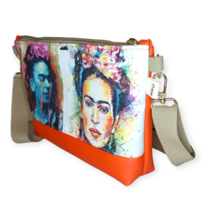 Τσάντα χιαστί Frida Kahlo με πορτοκαλί δερματίνη 30*20*6cm - ύφασμα, χιαστί, all day, frida kahlo - 3