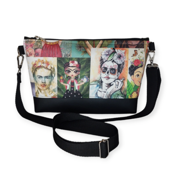 Τσάντα χιαστί Frida Kahlo με μαυρη δερματίνη 30*20*6cm - ύφασμα, χιαστί, all day, frida kahlo