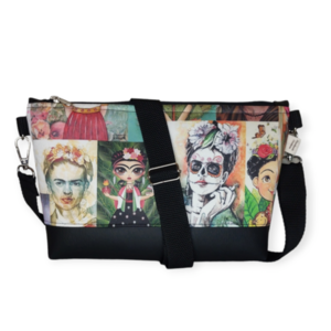 Τσάντα χιαστί Frida Kahlo με μαυρη δερματίνη 30*20*6cm - ύφασμα, χιαστί, all day, frida kahlo - 3