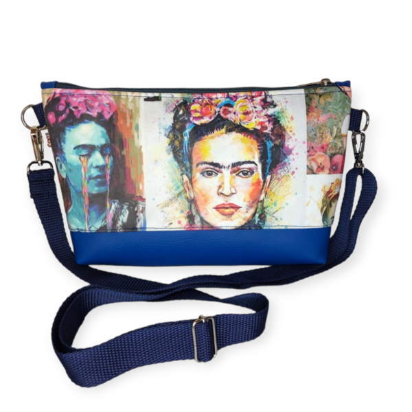 Τσάντα χιαστί Frida Kahlo με μπλε δερματίνη 30*20*6cm - ύφασμα, χιαστί, all day, frida kahlo