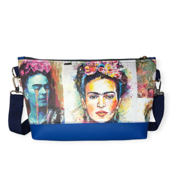 Τσάντα χιαστί Frida Kahlo με μπλε δερματίνη 30*20*6cm - ύφασμα, χιαστί, all day, frida kahlo - 4