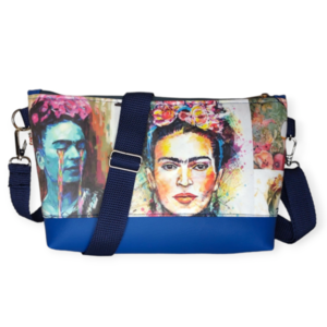 Τσάντα χιαστί Frida Kahlo με μπλε δερματίνη 30*20*6cm - ύφασμα, χιαστί, all day, frida kahlo - 5