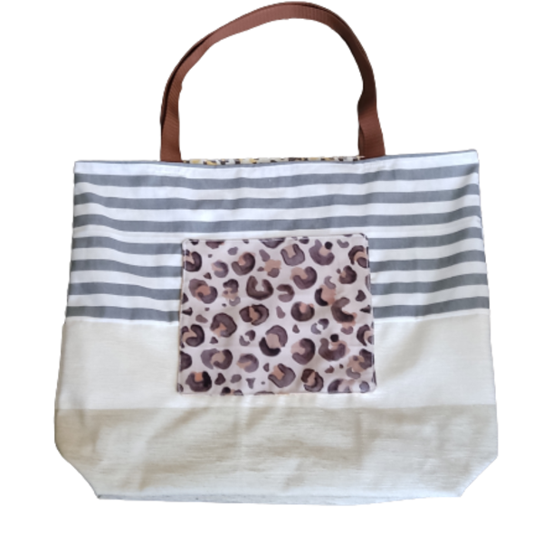 Τσάντα Θαλάσσης με Συνδυασμό Χρωμάτων κ Υφασματων - ύφασμα, animal print, ώμου, θαλάσσης, tote