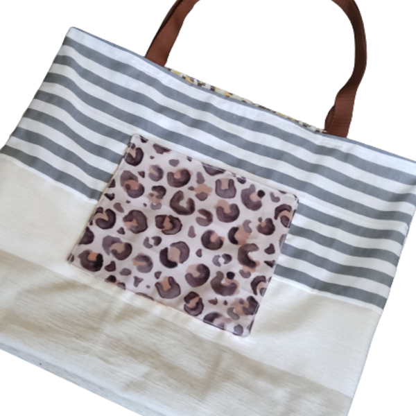 Τσάντα Θαλάσσης με Συνδυασμό Χρωμάτων κ Υφασματων - ύφασμα, animal print, ώμου, θαλάσσης, tote - 4