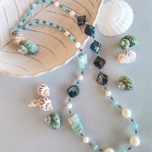 Κολιέ με μπλε φίλντισι, κοράλι και γαλάζιο αχάτη - ημιπολύτιμες πέτρες, κοράλλι, μακριά, ατσάλι, μεγάλα - 4
