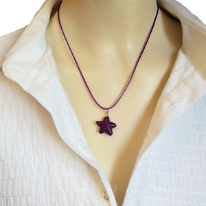 Cord necklace με μωβ αστερία από χαολίτη, 27εκ. - ημιπολύτιμες πέτρες, κοχύλι, τσόκερ, κοντά, δώρα για γυναίκες - 2