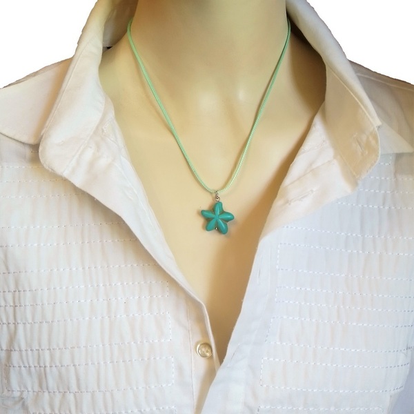 Cord necklace με τυρκουάζ αστερία από χαολίτη, 27εκ. - ημιπολύτιμες πέτρες, κοχύλι, τσόκερ, κοντά, δώρα για γυναίκες - 2