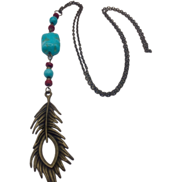 Κολιέ ΄Peacock feather' με μοτίφ μπρούτζινο φτερό, πέτρες χαουλίτηκαι μπρούτζινη αλυσίδα - φτερό, μακριά, μπρούντζος, δώρα για γυναίκες, μενταγιόν - 2