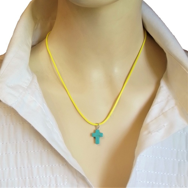 Cord necklace με τυρκουάζ σταυρό από χαολίτη, 27εκ. - ημιπολύτιμες πέτρες, σταυρός, τσόκερ, κοντά, δώρα για γυναίκες - 2