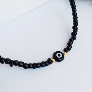 Κολιέ με μαύρες χάντρες και ματάκι - επιχρυσωμένα, ορείχαλκος, μάτι, κοντά, seed beads