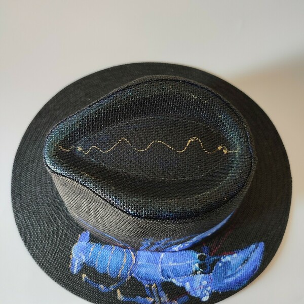 "MPLE ASTAKOS " Καπέλο μαύρο από χαρτόψαθο ζωγραφισμένο στο χέρι - ψάθινα - 2