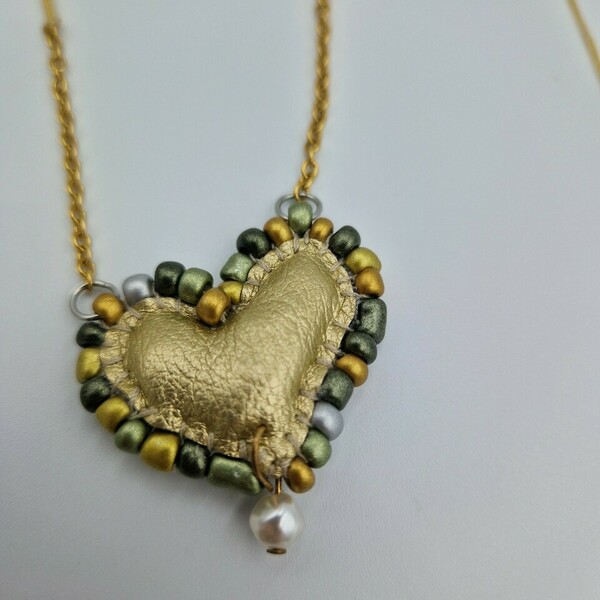 Κολιέ Δερμάτινη καρδιά 3 σε 1 - χρυσό μαύρο μεταλλιζέ - καρδιά, χάντρες, ατσάλι, seed beads