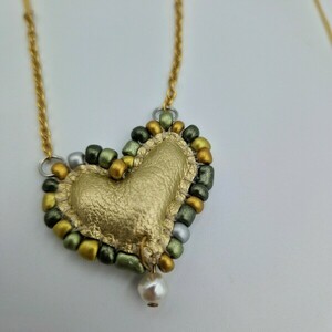Κολιέ Δερμάτινη καρδιά 3 σε 1 - χρυσό μαύρο μεταλλιζέ - καρδιά, χάντρες, ατσάλι, seed beads